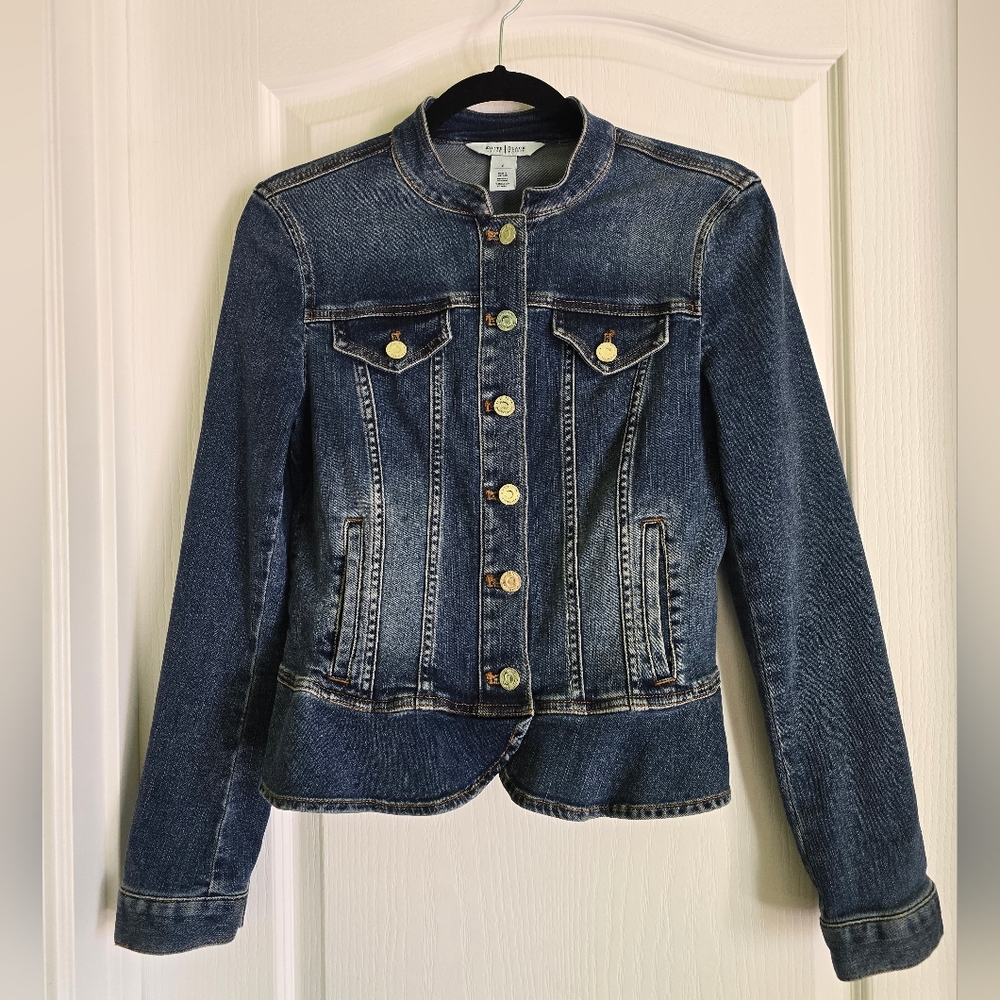 EUC White House Black Market Medium Wash Jean Peplum Jacket, Slim Fit